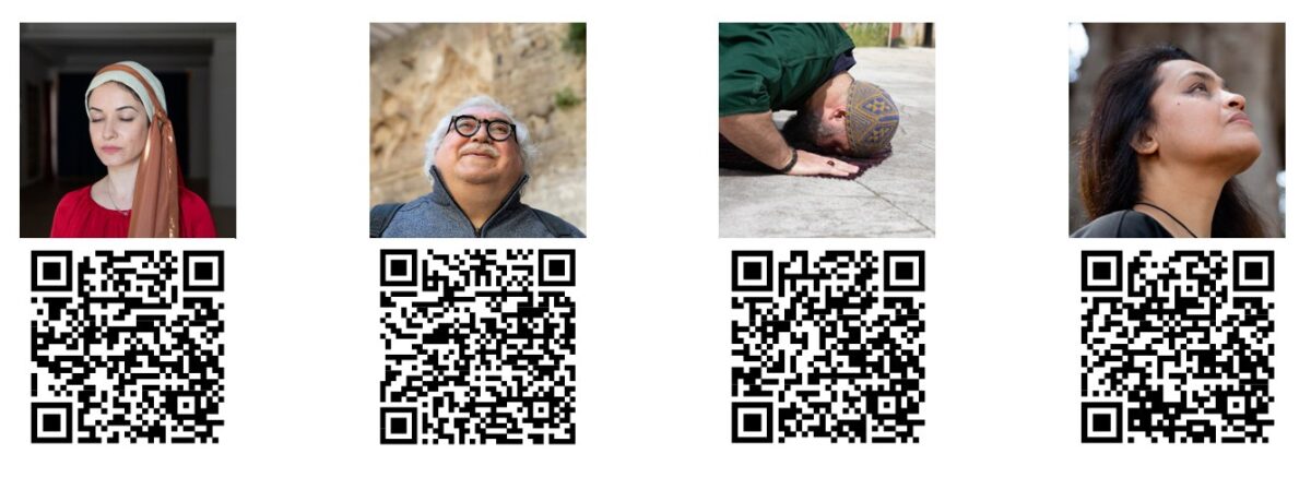 Four portraits from the Islamic Traces photography exhibition, each with a QR code linking to the full story.