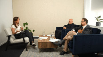 Three people in seated conversation during the virtual launch of Contemporary Trends in Sharia.