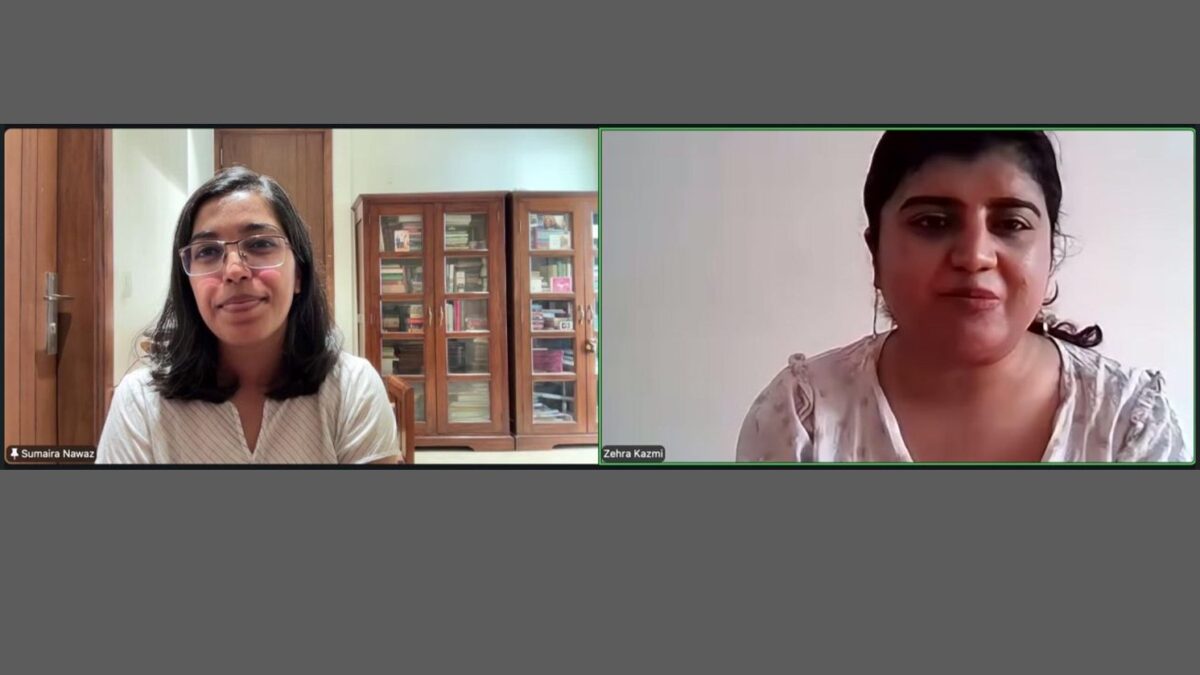 Dr Sumaira Nawaz, left, and Dr Zehra Kazmi, right, in a video call during an online public lecture.