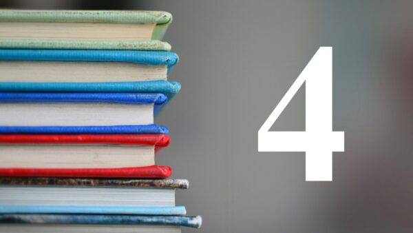Stack of colourful hardback books with a large white number 4, marking Sites and Studies entry 4.