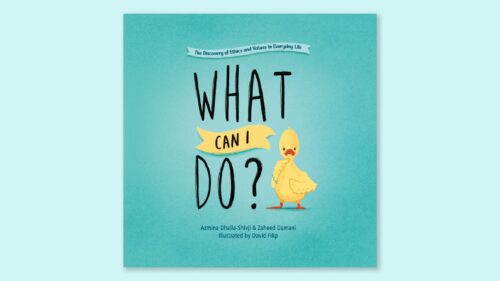 Book cover of What Can I Do? by Azmina Dhalla-Shivji and Zaheed Damani, with a pensive yellow duckling on teal.